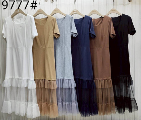 Women Square Neck Mesh Twill Long Skirts